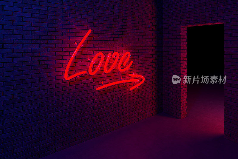 色情俱乐部的入口。砖墙上闪烁的霓虹灯上刻着爱的箭。3 d渲染。